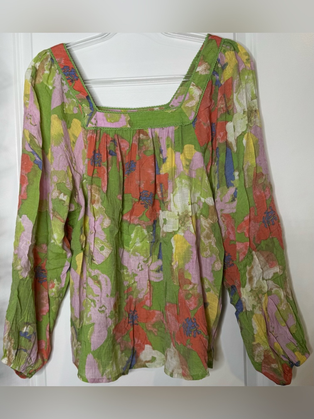 Hope and Harlow Green Floral Square-Neck Peasant Blouse pastel sz LG